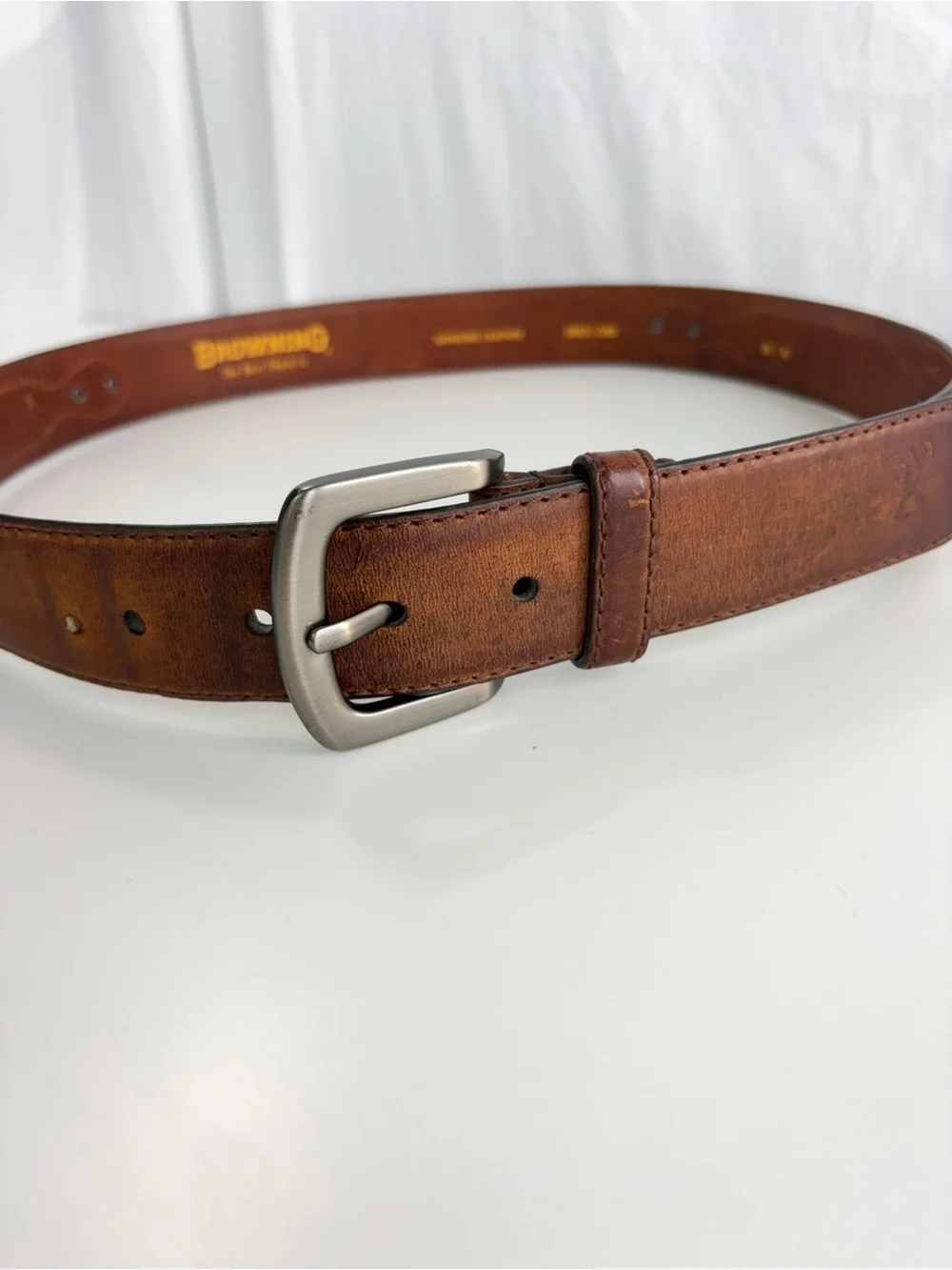 Vintage Browning brown leather belt textile green camo inlay silver logo sz 38